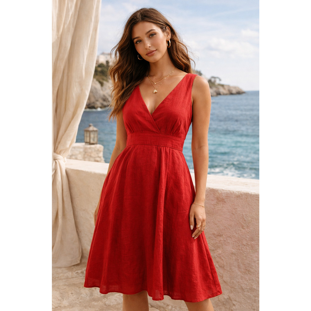 Cynthia Rowley Womens Linen Midi Dress 8 Pockets Lagom Coastal Vacation Resort